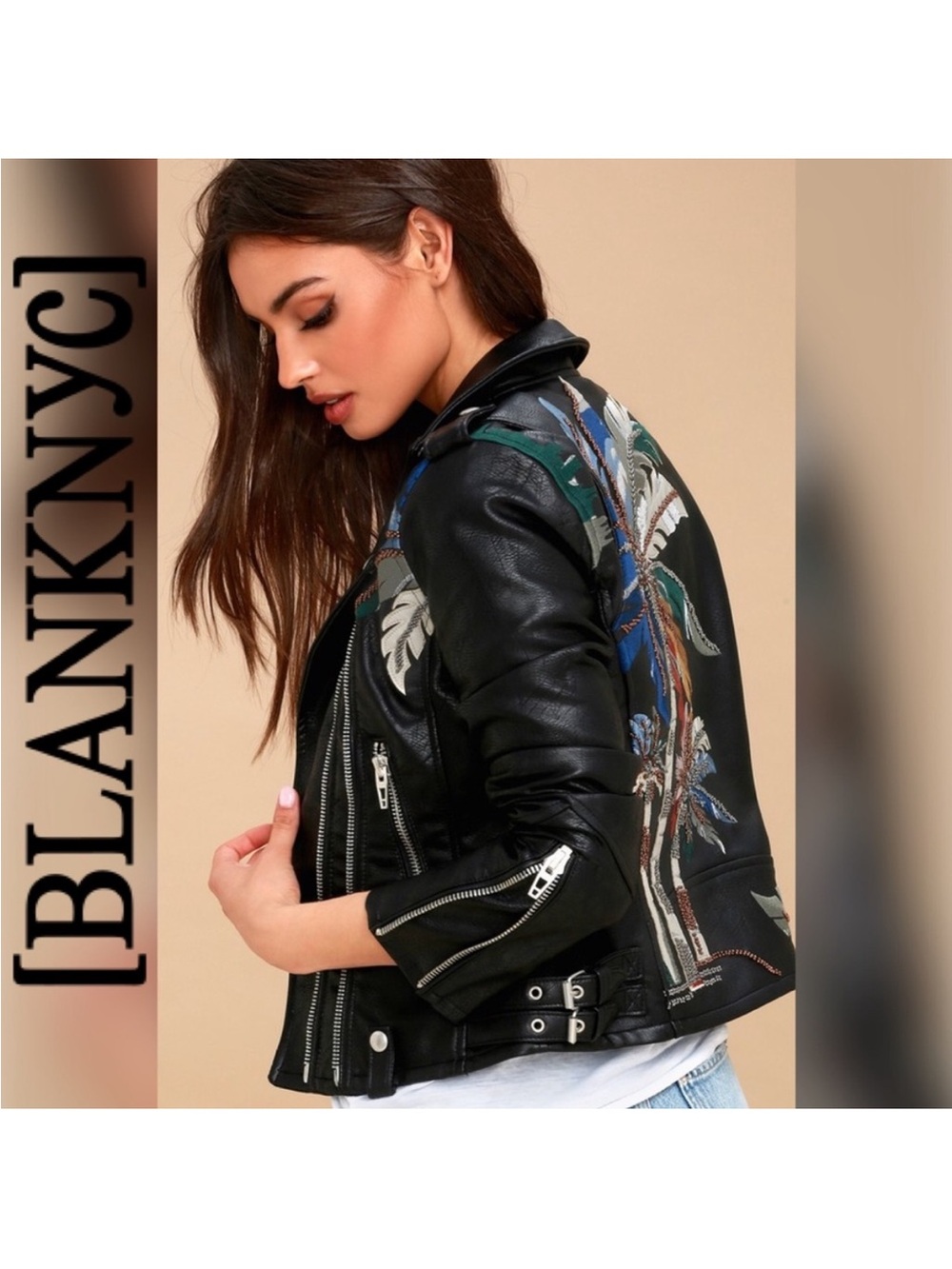 Blank NYC Black Faux Leather Moto Jacket with Tropical Embroidered Back